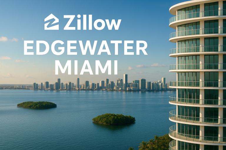 High-rise condo building with glass balconies overlooking Biscayne Bay in Edgewater Miami, with the Miami skyline in the background and text reading “Zillow Edgewater Miami.”
