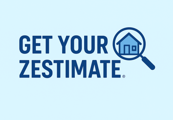 Get Your Zestimate logo with bold blue text and a magnifying glass highlighting a house icon on a light blue background.