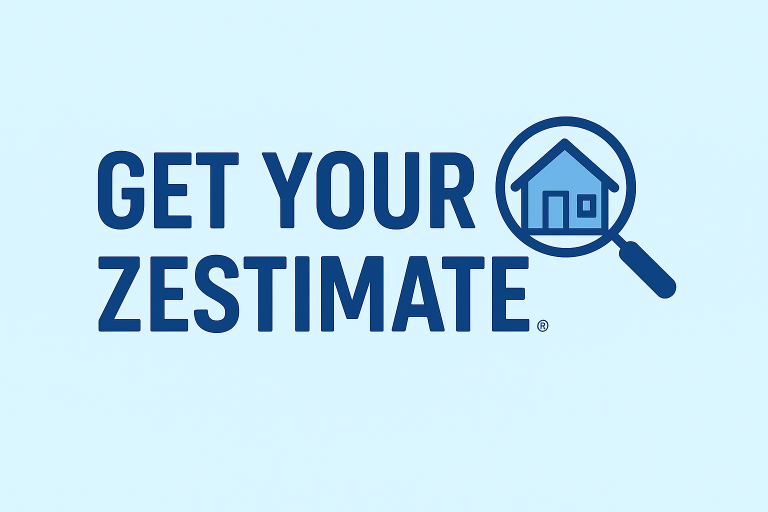 Get Your Zestimate logo with bold blue text and a magnifying glass highlighting a house icon on a light blue background.
