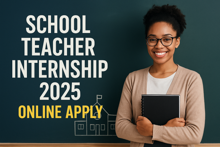 School Teacher Internship 2025 Online Apply banner with smiling teacher in classroom
