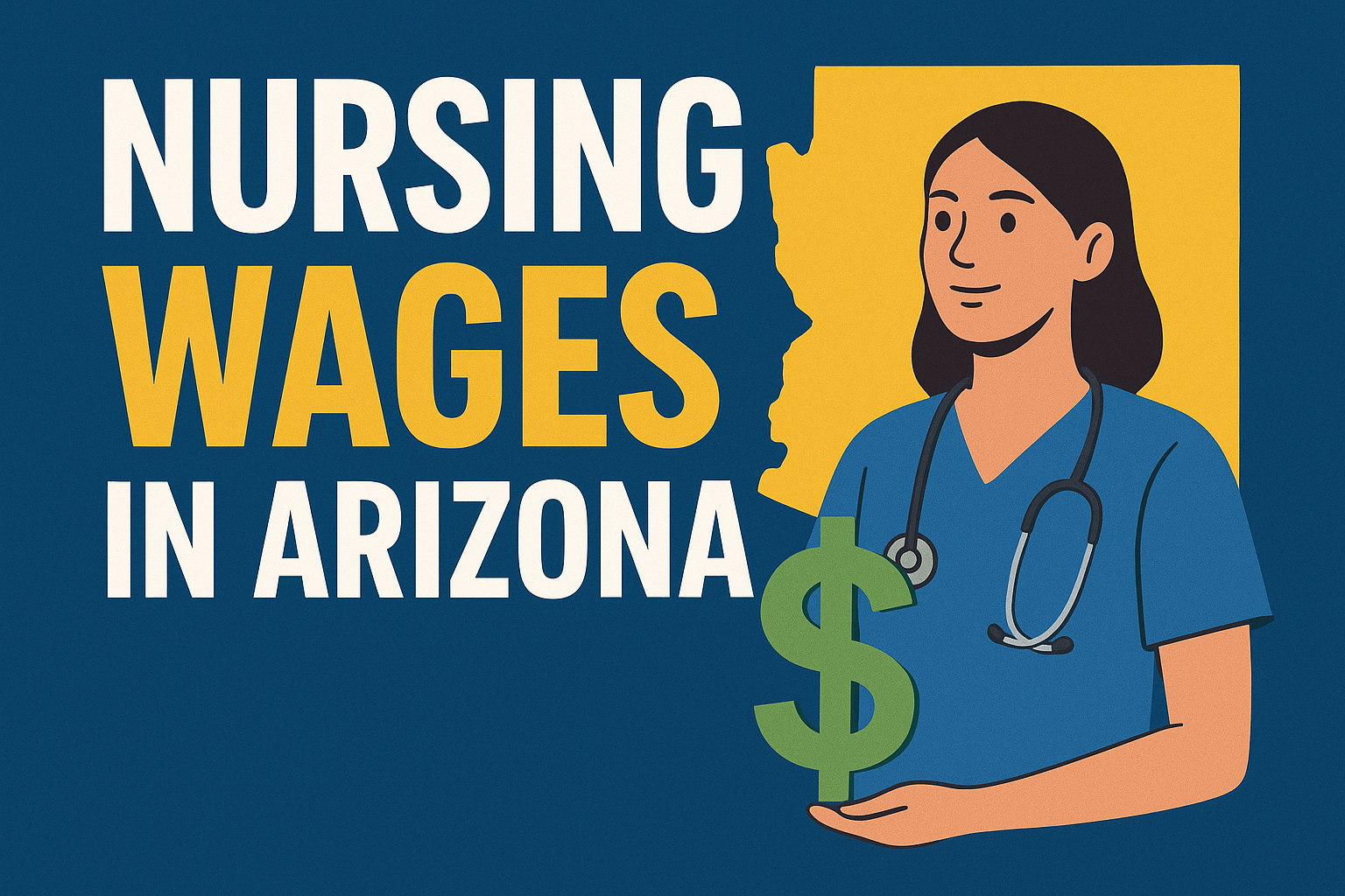 Illustration of a nurse in blue scrubs holding a dollar sign with the text “Nursing Wages in Arizona” and the Arizona state outline in the background.