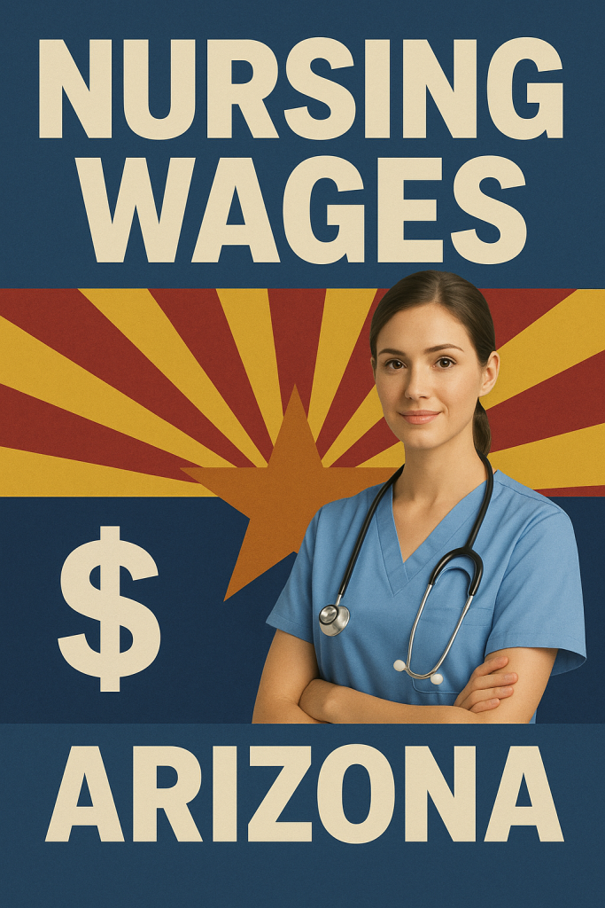 A confident nurse in blue scrubs with a stethoscope stand in front of the arizona state flag,with bold text reading''Nursing Wages In Arizona''and a dollar sign symbolizing salary focus